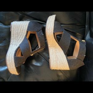 ‘A New Day’ black and gold wedge sandals with zipper front